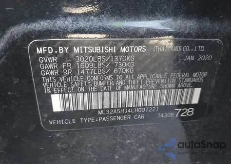 2020 Mitsubishi Mirage Le z USA, uszkodzony, nr VIN ML32A5HJ4LH007221